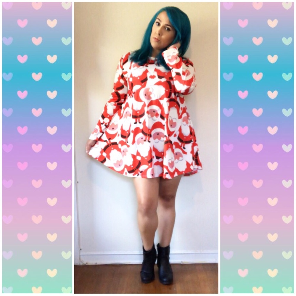 Meaneor Santa Print Long Sleeve Trapeze Dress XL